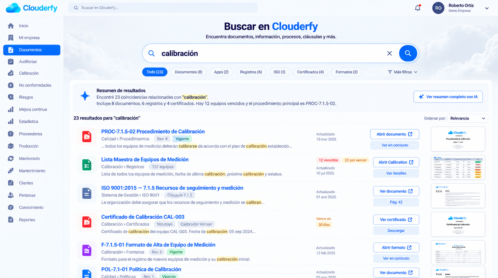 Dashboard Clouderfy Document Search